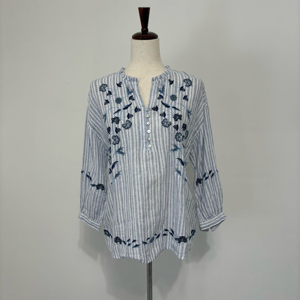 J. Jill 100% Linen Blue Striped Embroidered Floral Peasant Top Sz XS